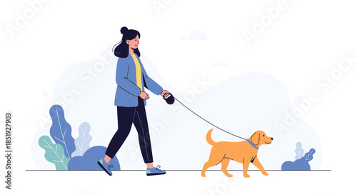 A cheerful woman taking her small, adorable dog for a walk in a serene park, enjoying the fresh air and a lovely day outdoors.