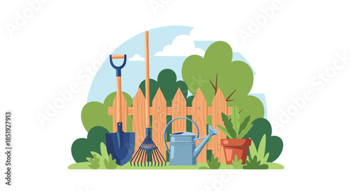 A collection of essential gardening tools, including a shovel, rake, and watering can, placed in a vibrant garden setting with a wooden fence and lush greenery.