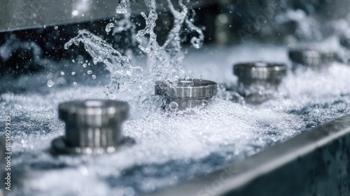 Closeup medium shot of ultrasonic cleaning equipment in action showcasing bubbling water and vigorous cleaning cycles on delicate mechanical parts.