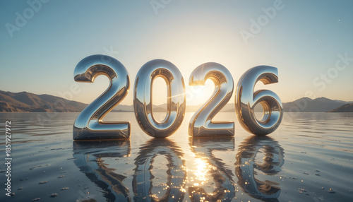 Wallpaper Mural Metallic numbers floating on water surface at sunset year Torontodigital.ca