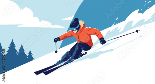 An energetic skier in bright orange and blue winter gear gracefully descending a pristine snowy mountain slope with pine trees.
