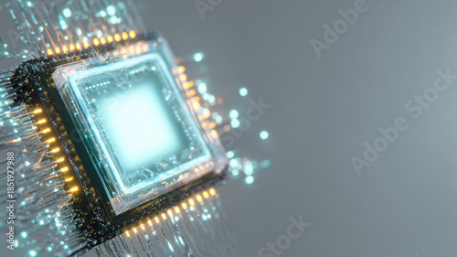 Close-up shot of a glowing central processing unit (CPU), showcasing its intricate circuitry, a core component in modern electronics
