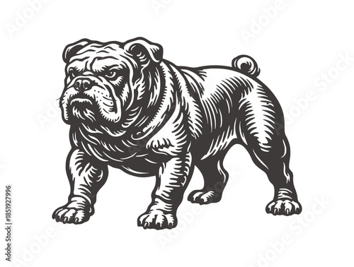 Tough english bulldog with muscular build in black ink style.