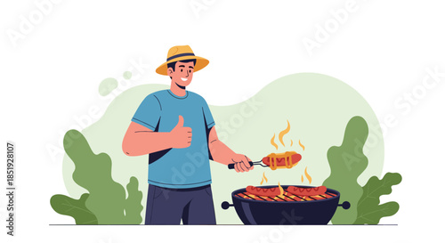 A smiling man in a hat grilling delicious sausages on a barbecue, giving a cheerful thumbs-up in an outdoor setting.