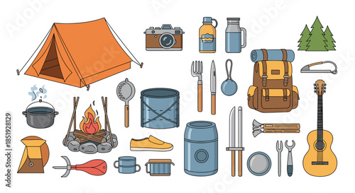 A diverse collection of camping and outdoor equipment, featuring a tent, campfire, backpack, cooking utensils, and a guitar for adventure.