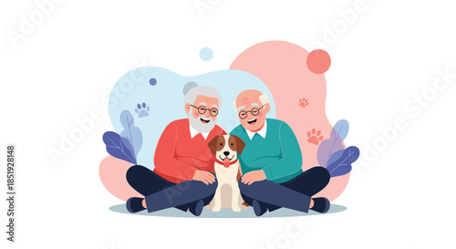 Two happy elderly men sitting on the ground with a small, adorable dog, surrounded by abstract shapes and paw prints.
