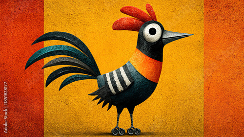 Stylized bird with roller skate wheels on a colorful background.