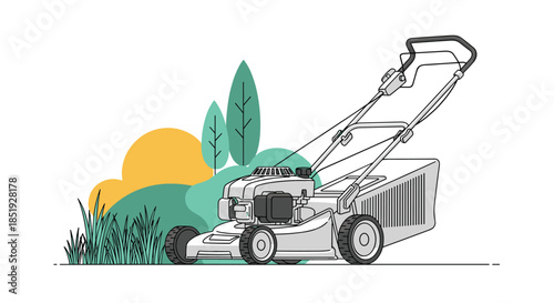 A modern lawn mower standing on a strip of freshly cut grass, with abstract green and yellow shapes in the background.