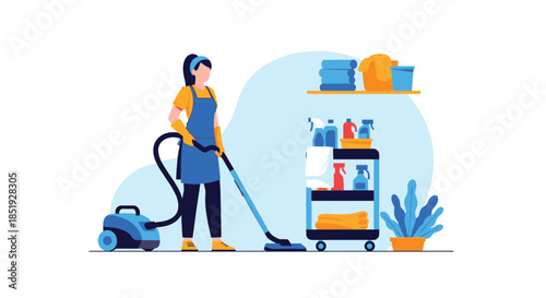 A diligent cleaner vacuuming a pristine floor, surrounded by essential cleaning supplies on a cart and neatly folded towels.