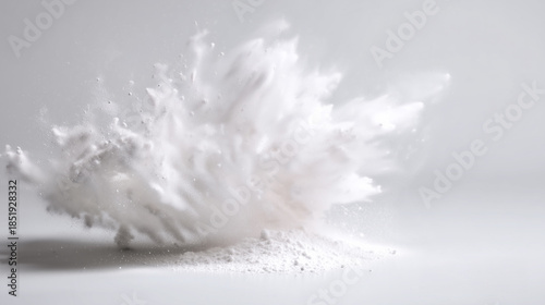 Soft white powder dispersing in slow motion against a light background 