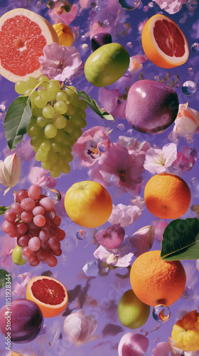  floating fruit and vintage objects painted in lavender color