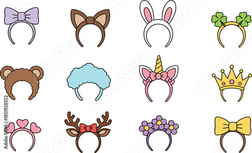 Cute animal and fantasy headband icon collection featuring bows, ears, unicorn horn, crown, antlers, and decorative hair accessories illustrated in colorful cartoon flat vector style isolated on white