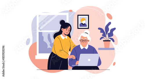 A caring young woman assisting an elderly woman with using a laptop, symbolizing intergenerational support and digital learning.