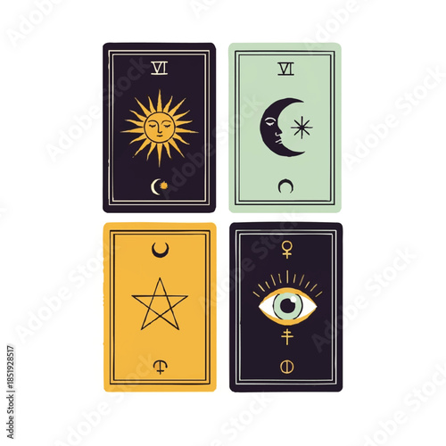Set of mystical tarot cards with sun, moon, star, and eye symbols