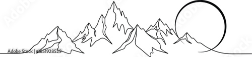 Minimal mountain landscape line art illustration with sun or moon circle drawn in continuous single line style isolated on white background for modern wall art, logo, and nature design