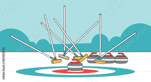 A dynamic illustration of curling stones and brooms arranged on an ice rink with a target, depicting the precision sport.