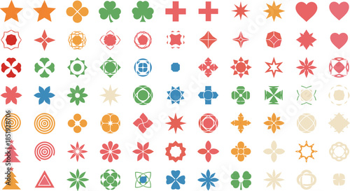 Colorful abstract shape icon mega collection featuring geometric symbols, floral forms, crosses, hearts, stars, and decorative elements illustrated in clean flat vector style isolated on white backgro