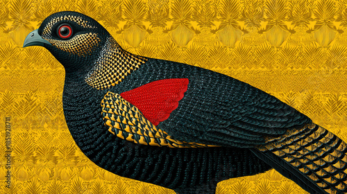 Artistic, detailed depiction of a colorful bird with patterned feathers on a yellow background.