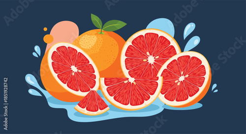 A vibrant arrangement of whole and sliced grapefruits, accompanied by dynamic water splashes, emphasizing freshness and juiciness.