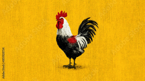 Illustrated rooster with vibrant colors on a yellow background.