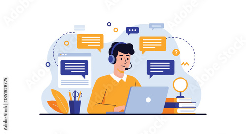 A male customer support agent or online consultant wearing a headset, actively working on a laptop, surrounded by chat bubbles and data screens.