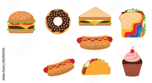 A comprehensive assortment of various popular fast food items and sweet treats, including burgers, donuts, sandwiches, hot dogs, tacos, and cupcakes.