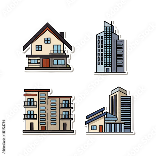 Set of colorful building icons representing urban and suburban architecture