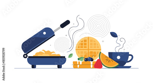 A delicious breakfast scene with a waffle maker, freshly made waffles, a steaming coffee cup, and an assortment of fresh fruits.