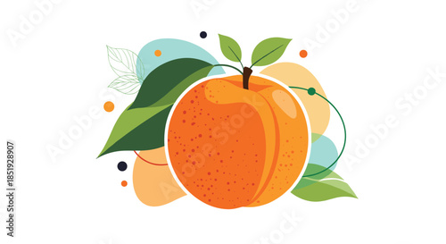 A vibrant ripe peach with fresh green leaves, surrounded by abstract colorful organic shapes, symbolizing natural goodness.