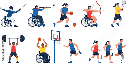 Adaptive sports and para athletes illustration collection featuring wheelchair basketball, archery, fencing, running, weightlifting, and inclusive fitness activities illustrated in modern flat vector 