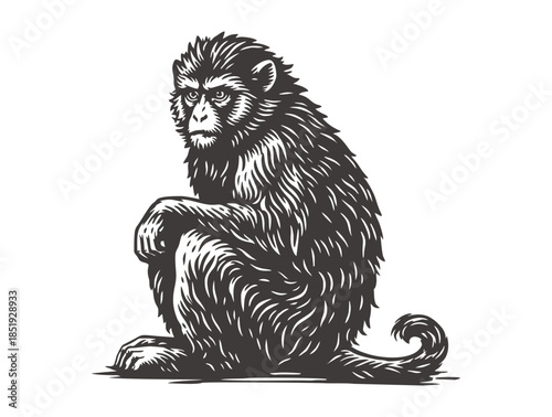 A thoughtful monkey sitting down and looking to the side.