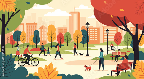 A lively autumnal city park scene with diverse people walking, cycling, and relaxing amidst colorful trees and urban buildings.