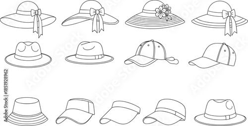 Hat outline icon collection featuring sun hats, caps, fedora, and headwear styles illustrated in clean black line art vector style isolated on white background for fashion, apparel, and accessory desi