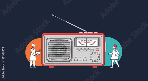 A charming vintage radio with an antenna, surrounded by two small people and colorful abstract circles on a dark background.