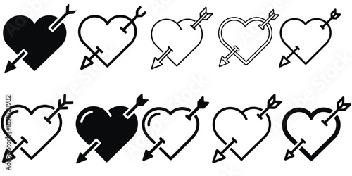 Collection of black and white heart with arrow graphics.