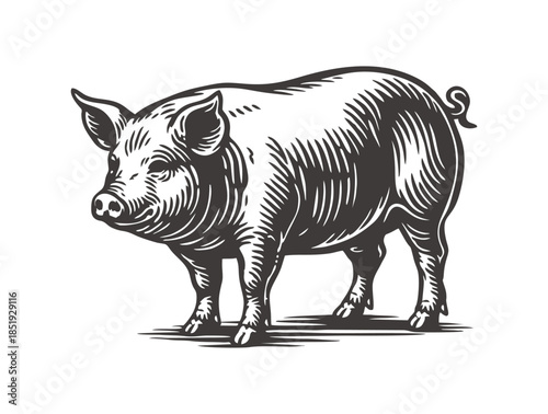 A sturdy farm pig standing sideways in a detailed illustration