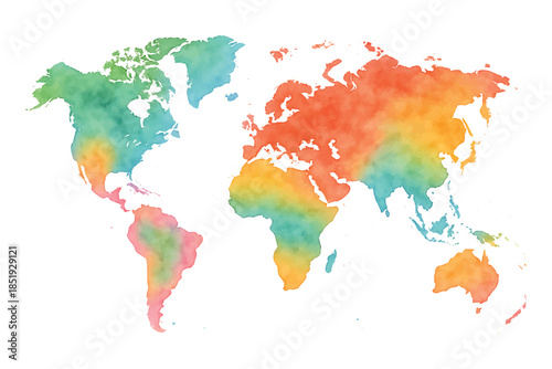Watercolor World Map with Colorful Continents on White Background vector illutrastion transparent background