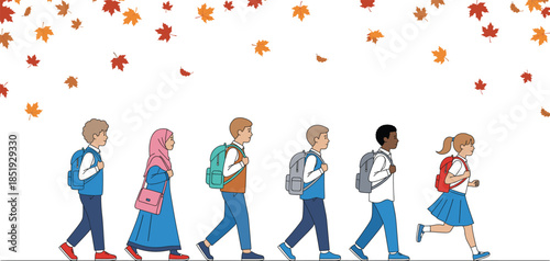 Diverse group of school children with backpacks walking in a line under falling autumn maple leaves for back to school and education concept