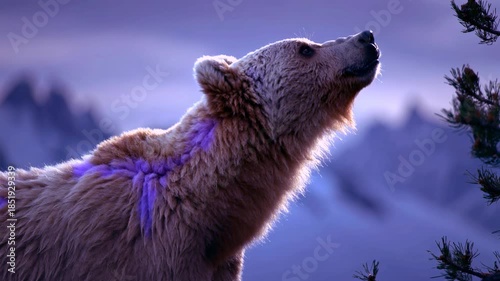 Bear walks through mountains at dusk with purple highlights on its fur