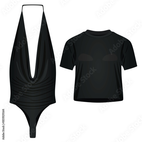 Black sleeveless jumpsuit and t shirt. vector illustration