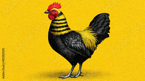 Artistic depiction of a rooster with vibrant colors on a yellow background.