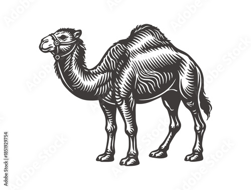 A single humped dromedary camel standing in a classic profile.