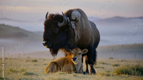 Bison and calf share a moment in early morning light at a grassy field in the American plains