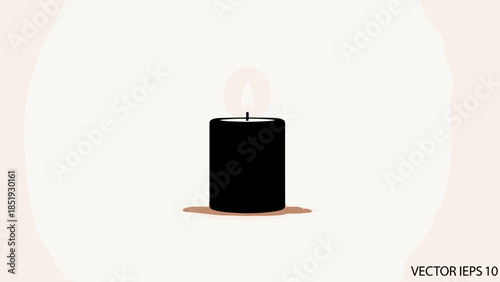Black Candle with Wick on White Background.