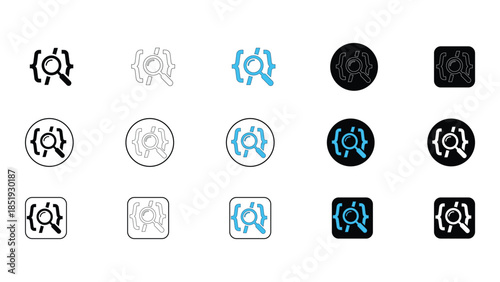 Code search and analysis icons with magnifying glass