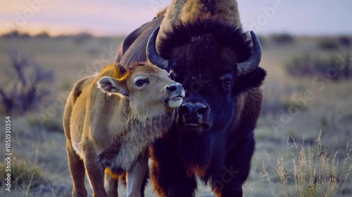 Bison and calf walking together in a natural setting at sunset