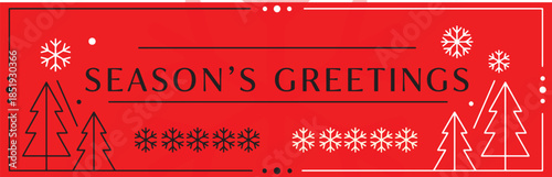 Season Greetings winter landscape with white trees snowflakes and red background flat design