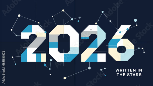Dynamic visual representation of the year 2026 formed by an intricate pattern of celestial bodies and geometric fragments, suggesting an exciting future written in the stars