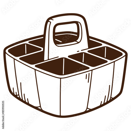 Illustrated wooden storage caddy with multiple compartments for organizing tools and supplies perfect for home and office use