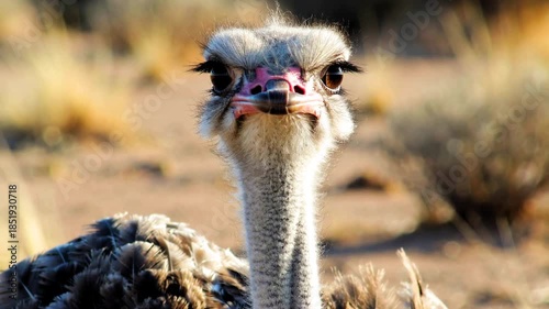 Ostrich stands in the desert with a curious expression during a warm sunny day in an open landscape